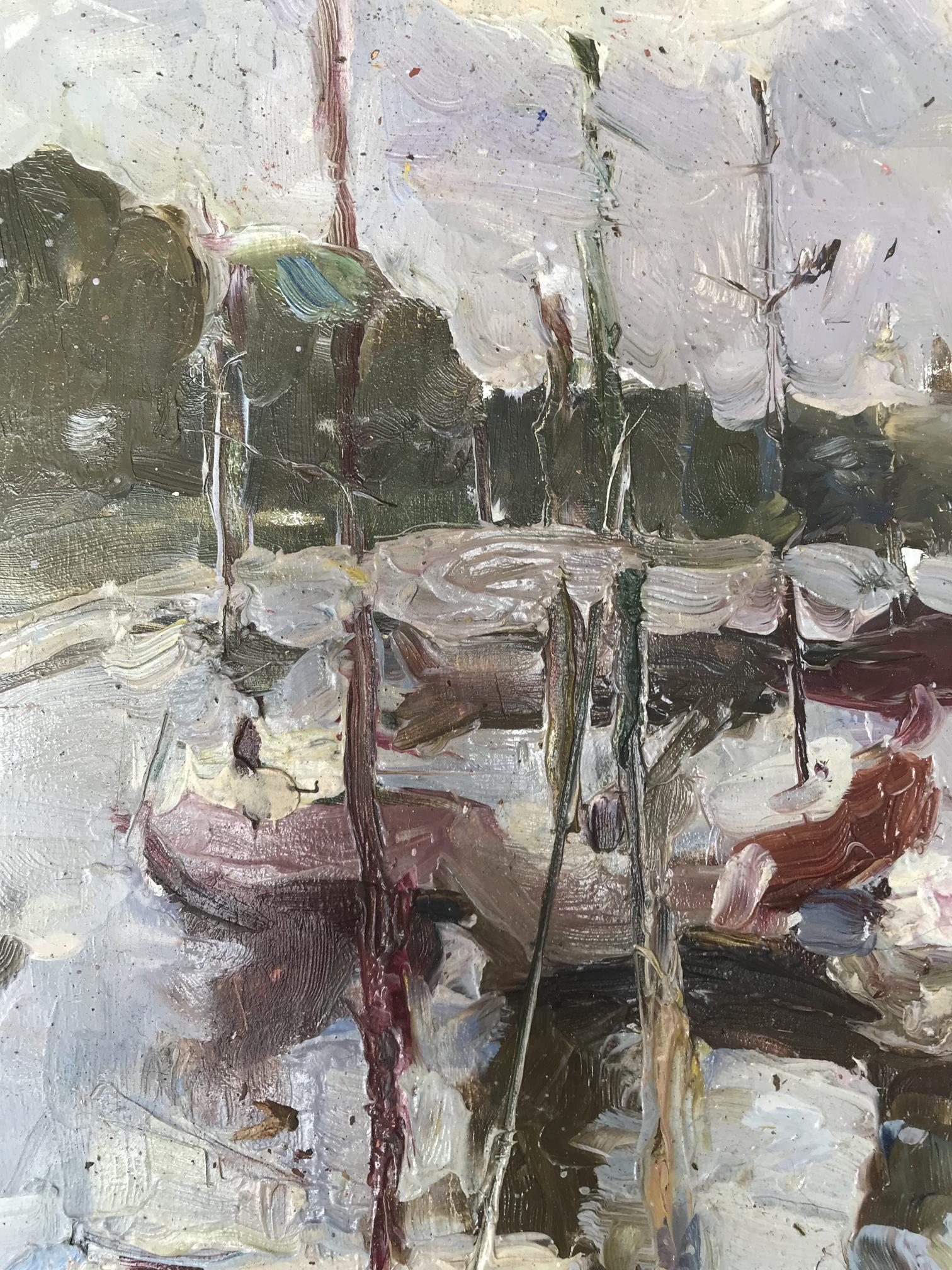 Abstract oil painting Yacht Club Tsyganok I.O. moody waterfront scene
