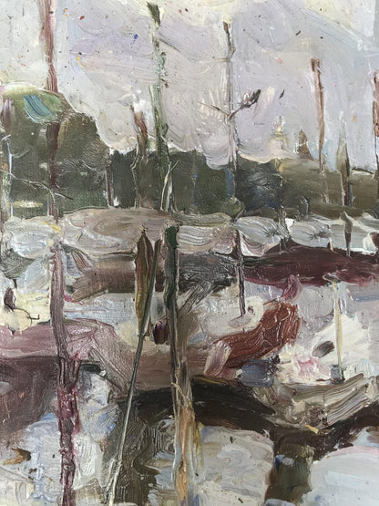 Impressionistic oil painting of snowy landscape by Yacht club Tsyganok I. O