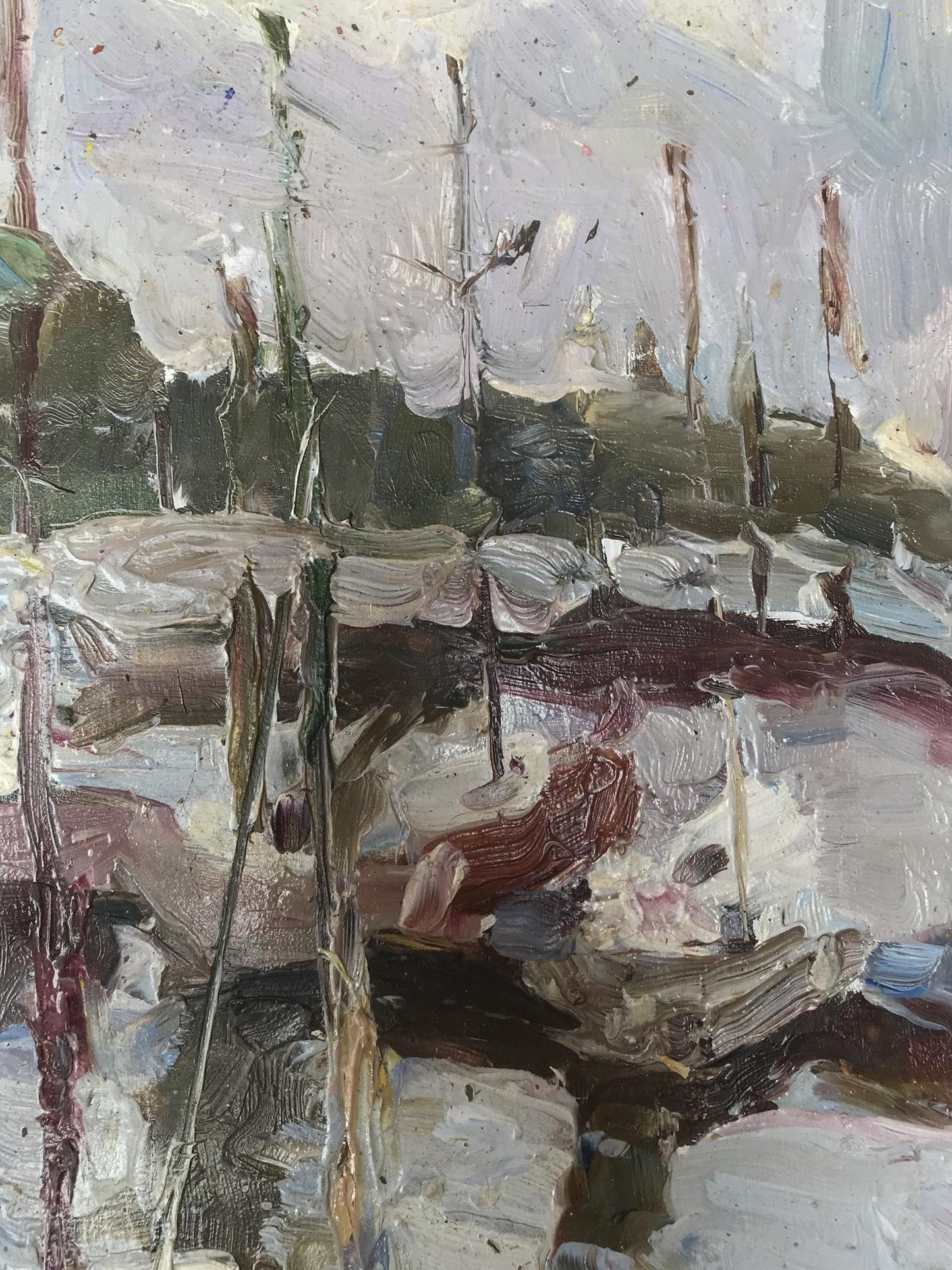 Abstract oil painting Yacht Club Tsyganok I.O. in muted grays, greens, reds