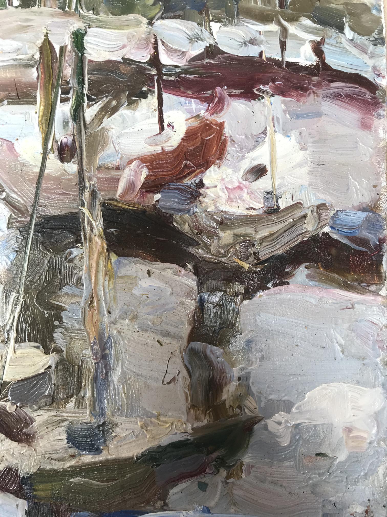 Impasto oil painting Yacht Club Tsyganok I.O. rustic pier with boats