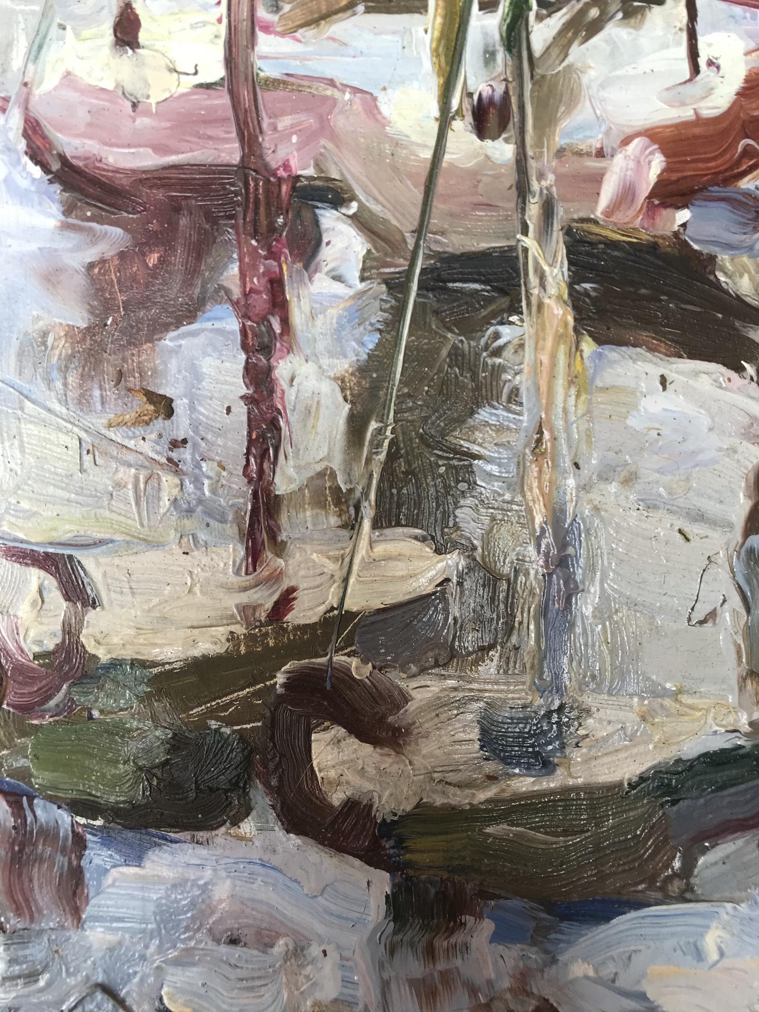 Abstract oil painting Yacht Club Tsyganok I.O. in muted pinks and greens