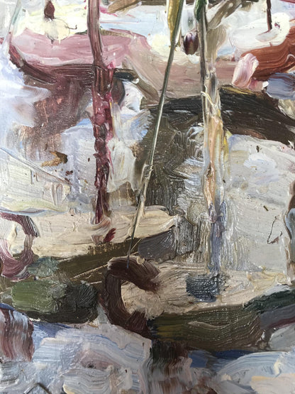Abstract oil painting Yacht Club Tsyganok I.O. in muted pinks and greens
