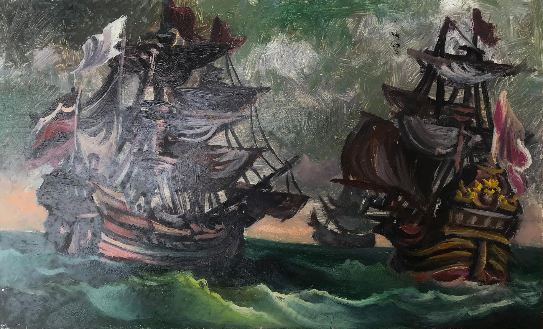 Oil painting of two dark-hulled galleons at sea by Litvinov