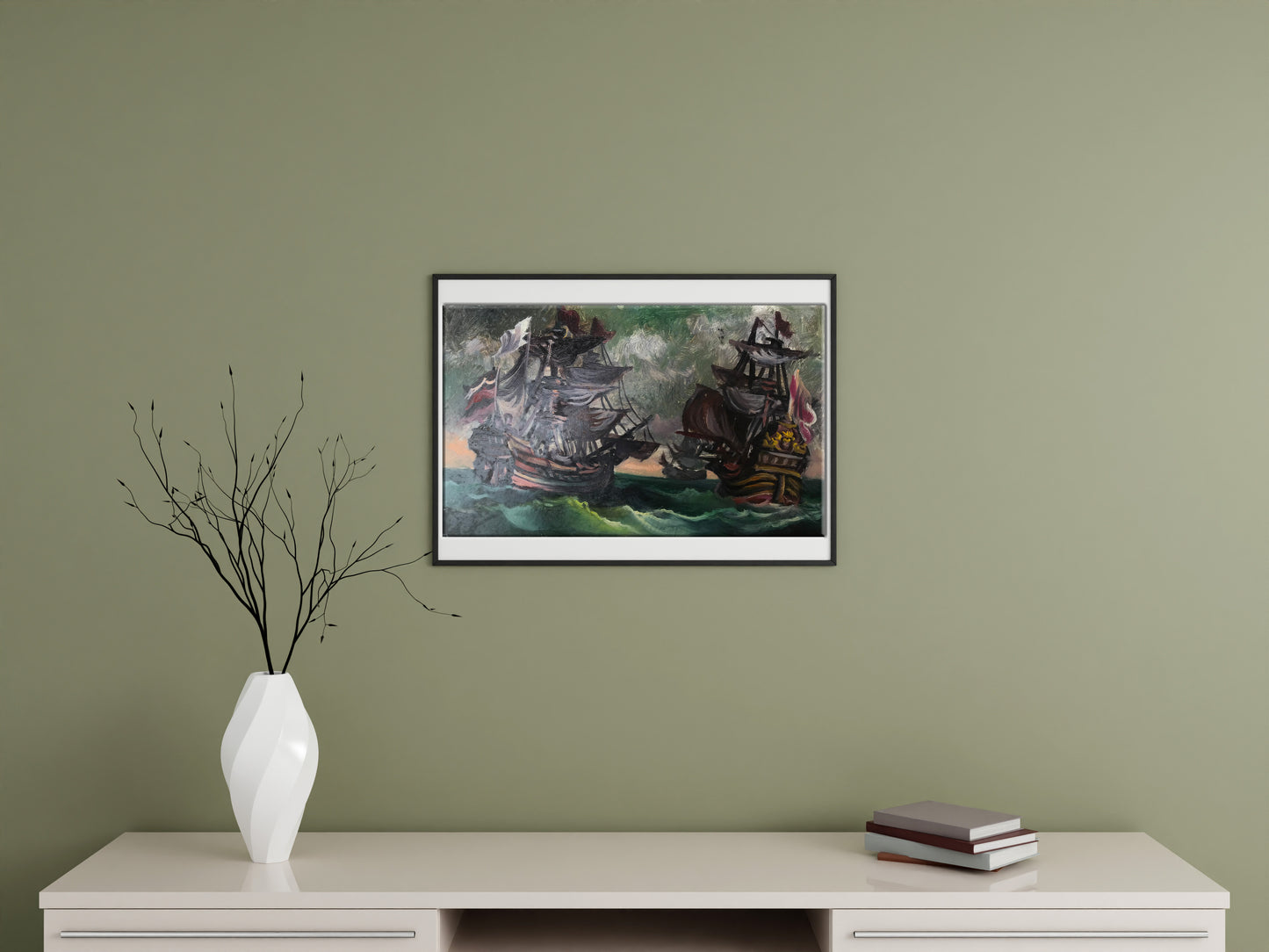 Framed oil painting of Litvinovs Ships at Sea in stormy waters