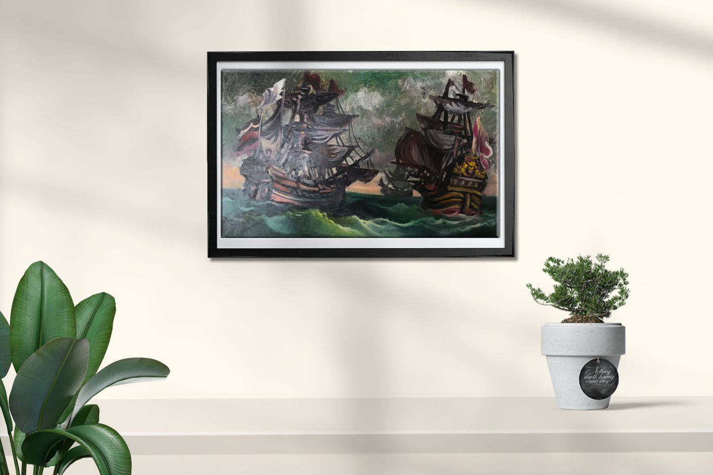 Oil painting of two galleons in stormy sea by Alexander Arkadievich Litvinov