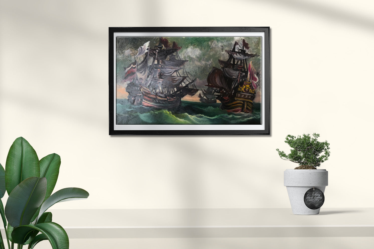Oil painting of two galleons in stormy sea by Alexander Arkadievich Litvinov