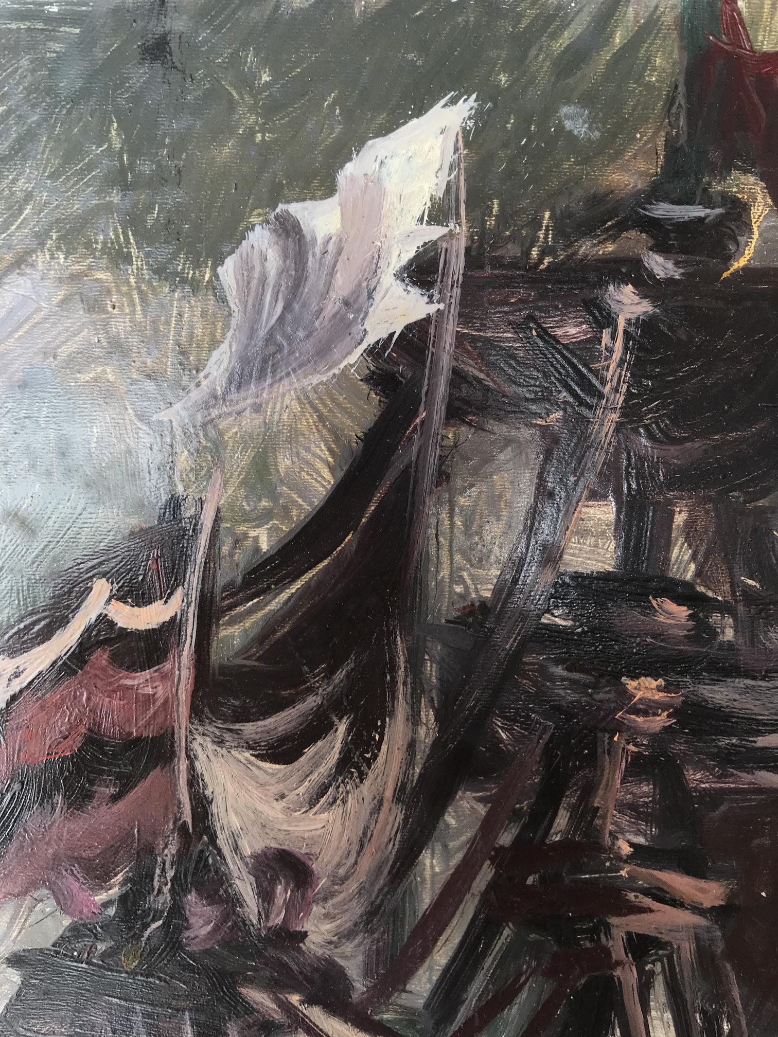 Oil painting of ships at sea by Alexander Arkadievich Litvinov, abstract expressionist style