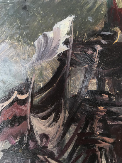 Oil painting of ships at sea by Alexander Arkadievich Litvinov, abstract expressionist style