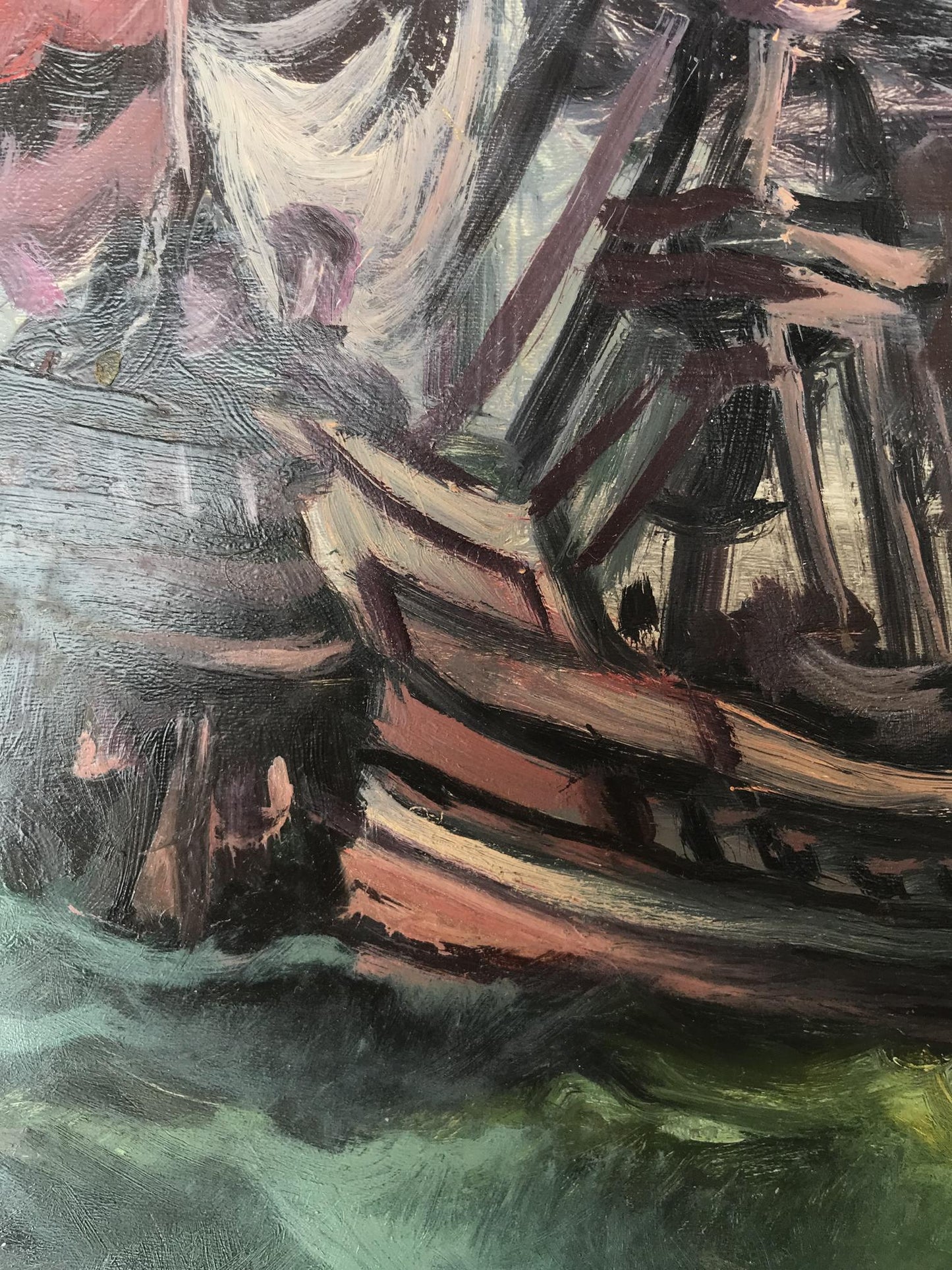 Oil painting of ships at sea by Alexander Arkadievich Litvinov, textured hull in browns on green waves