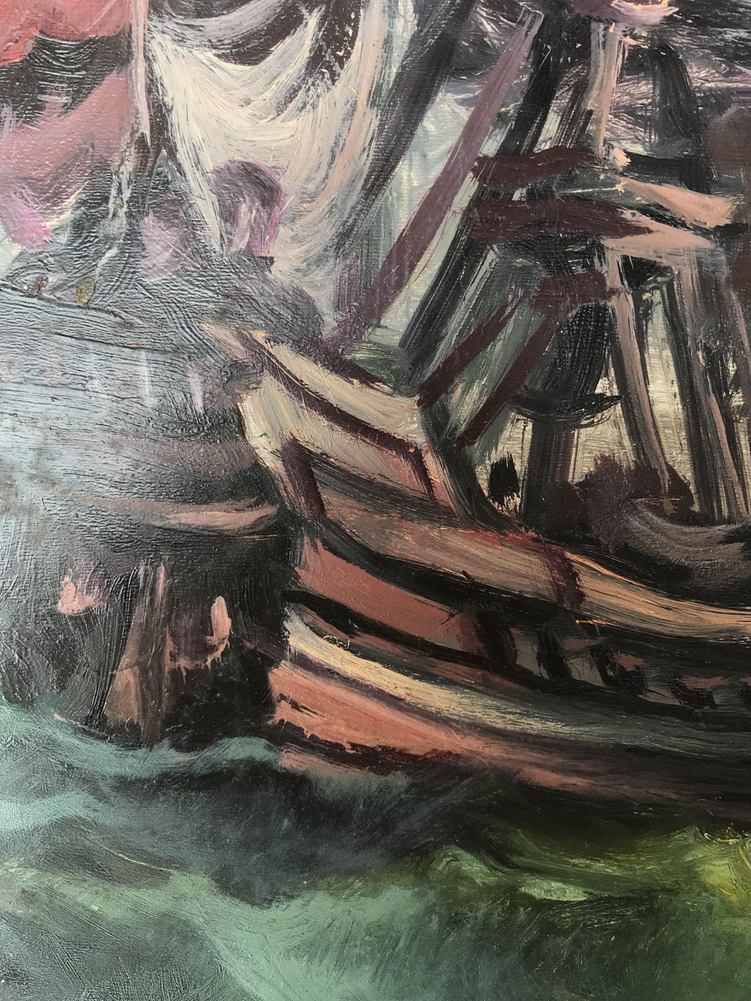 Oil painting of ships at sea by Alexander Arkadievich Litvinov, textured hull in browns on green waves
