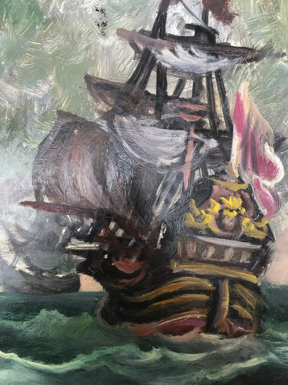 Oil painting of pirate ship at sea by Alexander Arkadievich Litvinov