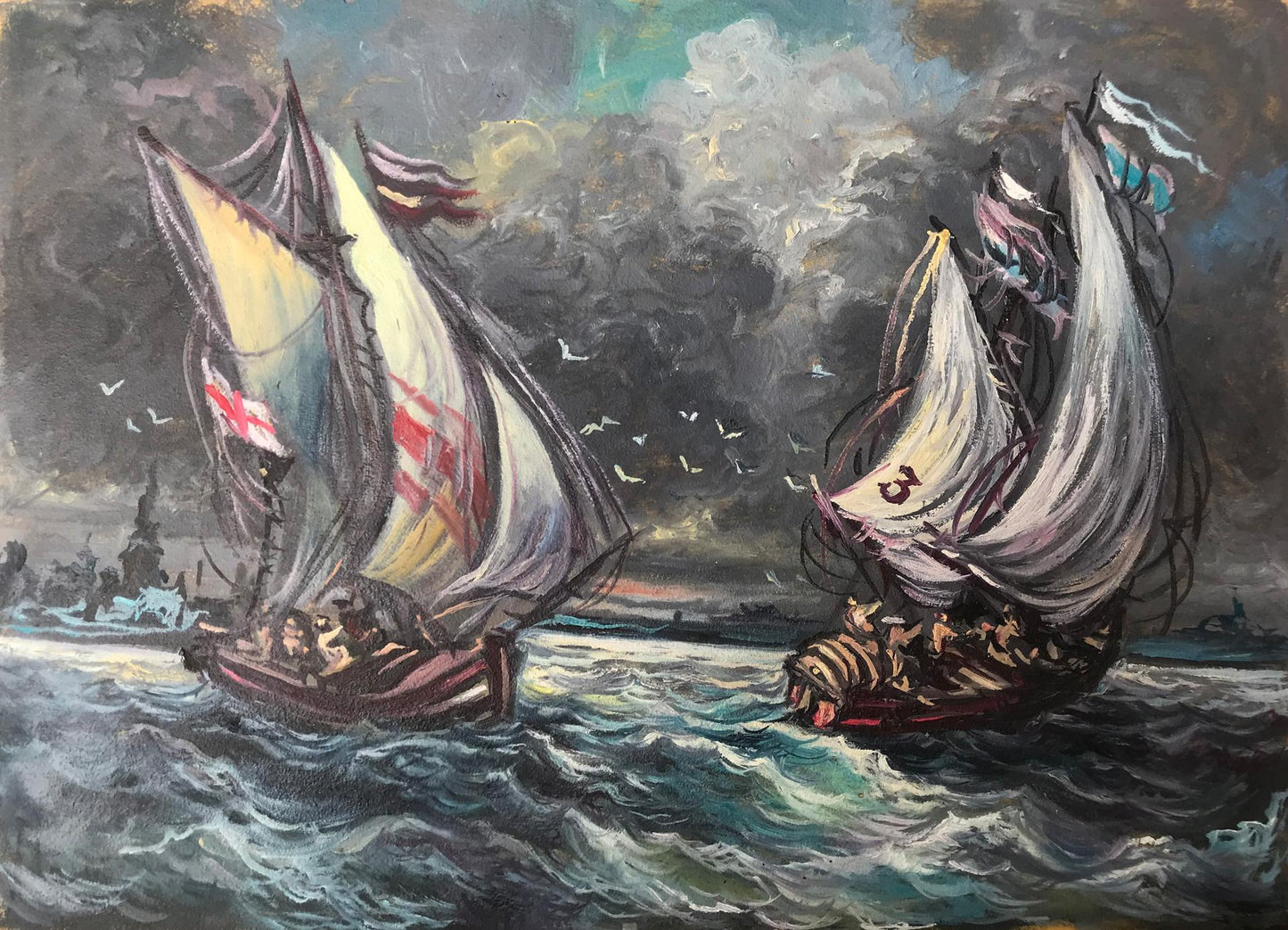 Oil painting of battling ships in sea storm by Alexander Litvinov
