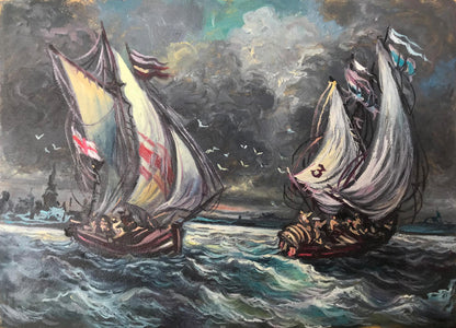 Oil painting of battling ships in sea storm by Alexander Litvinov