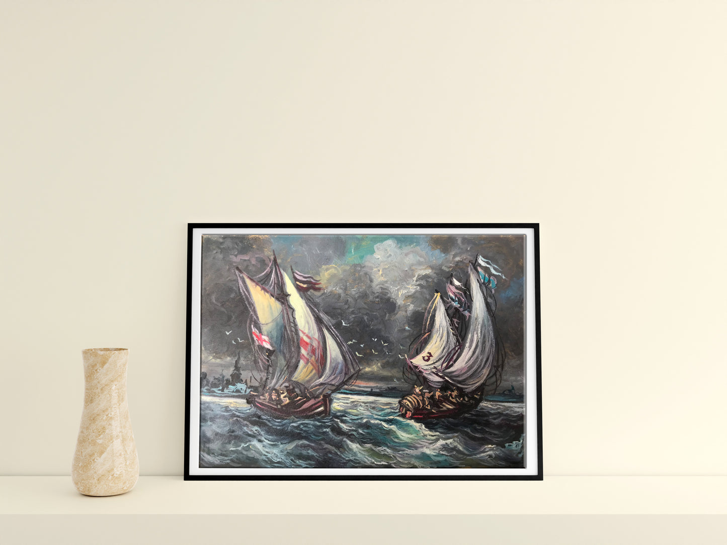 Oil painting of ships in sea storm by Alexander Litvinov