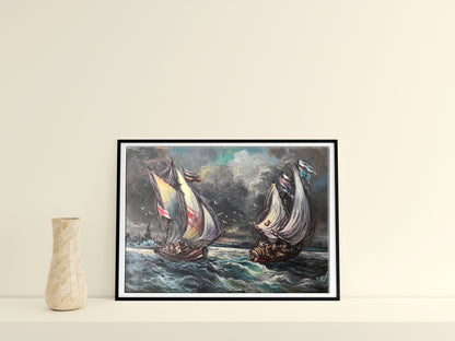 Oil painting of ships in sea storm by Alexander Litvinov