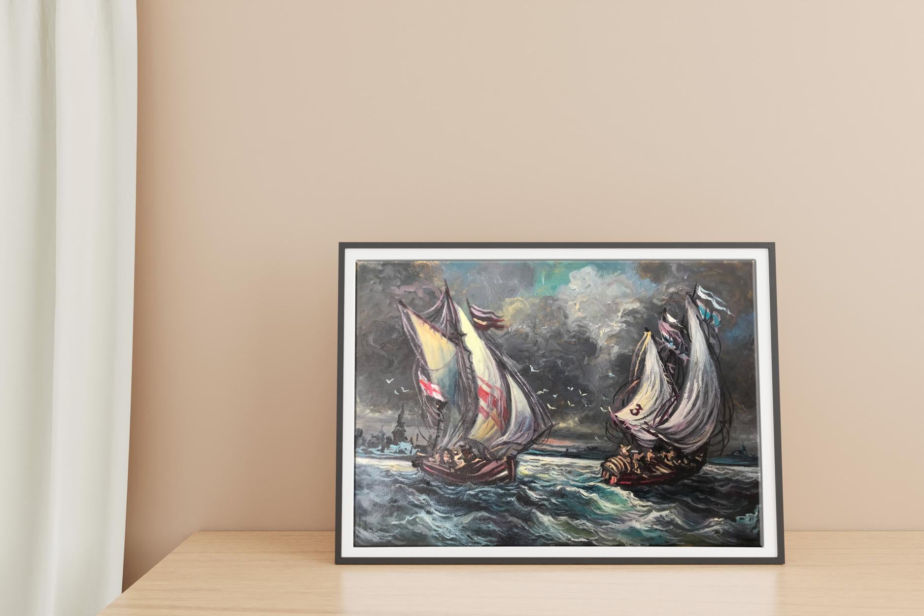 Oil painting of ships in sea storm by Alexander Litvinov