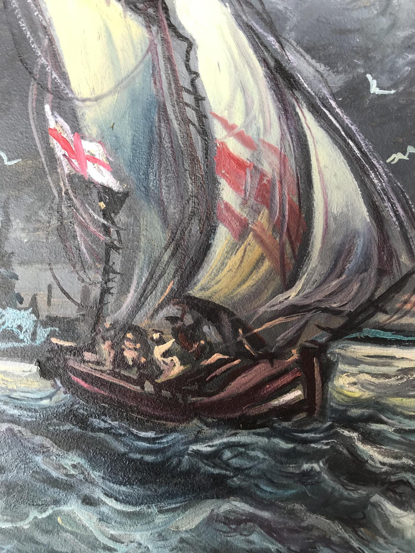 Oil painting of English ship in sea storm by Alexander Litvinov