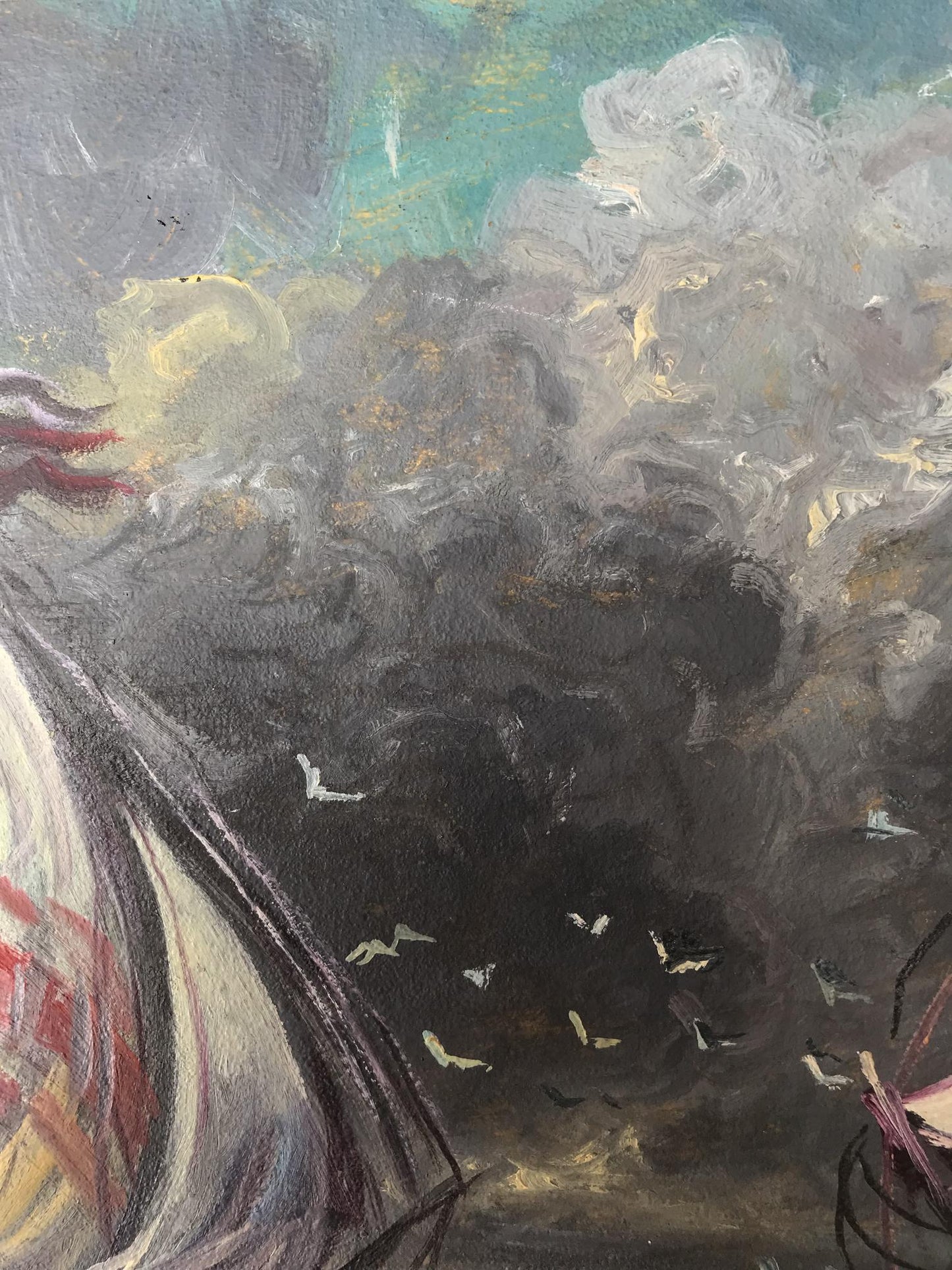 Oil painting of ships in sea storm by Alexander Litvinov with swirling clouds and birds