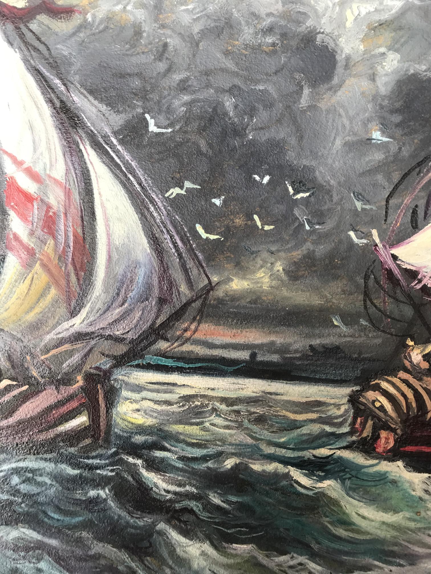 Oil painting of ships battling sea storm by Alexander Litvinov