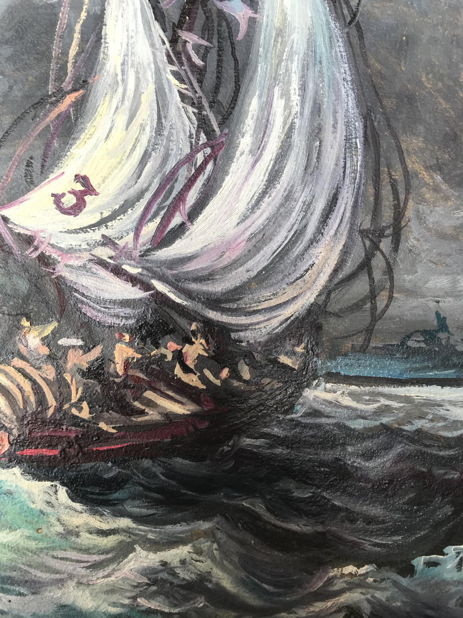 Oil painting of sailboat in sea storm by Alexander Litvinov
