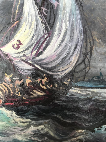 Oil painting of sailboat in sea storm by Alexander Litvinov