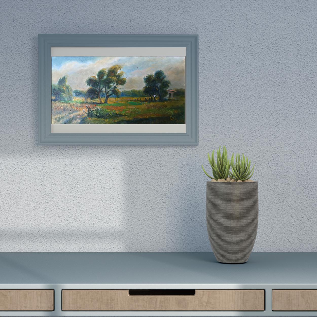 Gray textured vase with green succulents in Litvinov Oleg Arkad’yevich oil painting