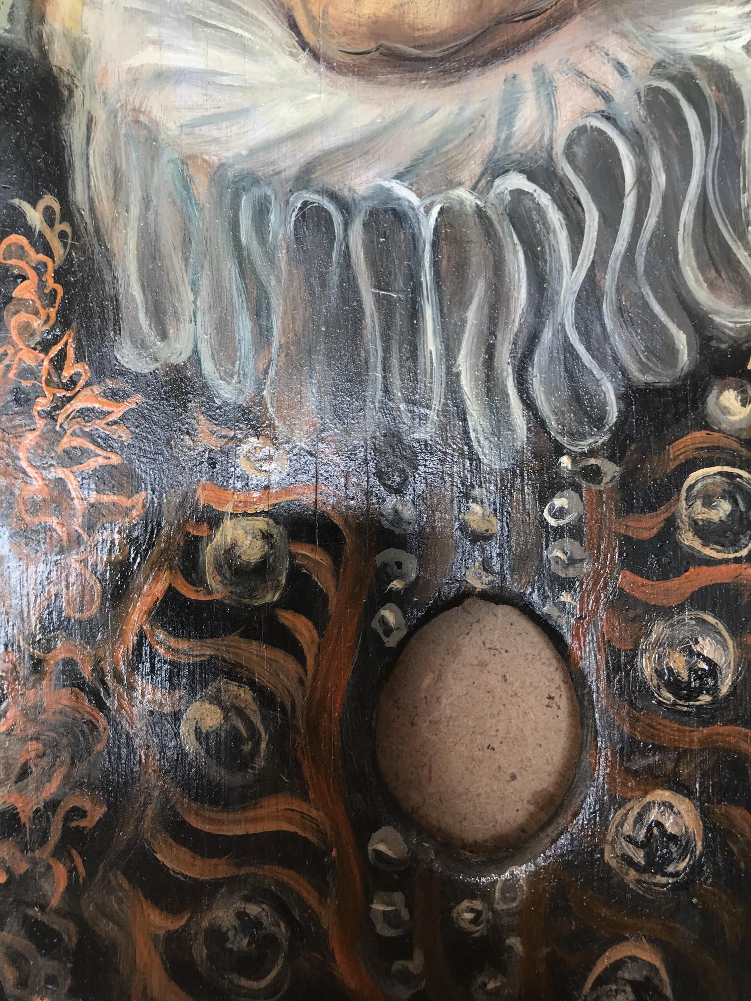 Oil painting portrait of Count Alexander Arkadievich Litvinov, textured earth-toned circular object on ornate swirling orange gray background