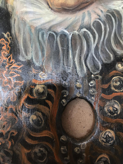 Oil painting portrait of Count Alexander Arkadievich Litvinov, textured earth-toned circular object on ornate swirling orange gray background