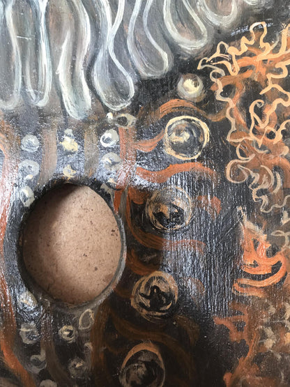 Hand-painted wooden mask back with orange white swirls, Count Litvinov portrait