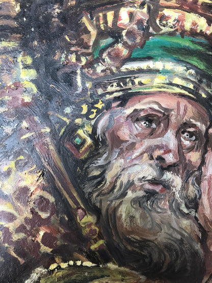 Textured oil painting portrait of King Alexander Arkadievich Litvinov in ornate green gold crown