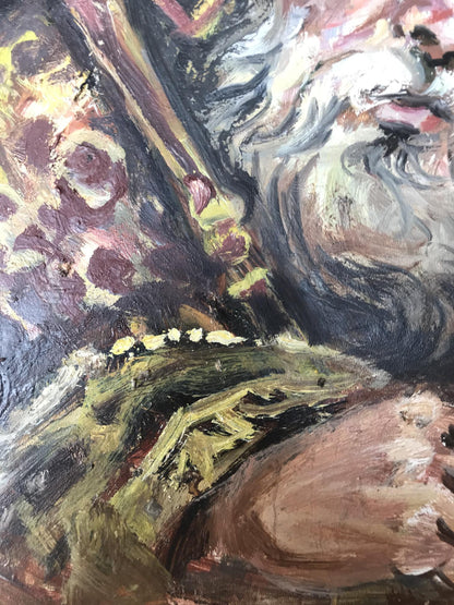 Oil painting portrait of king Alexander Arkadievich Litvinov in abstract purples, ochres, greens