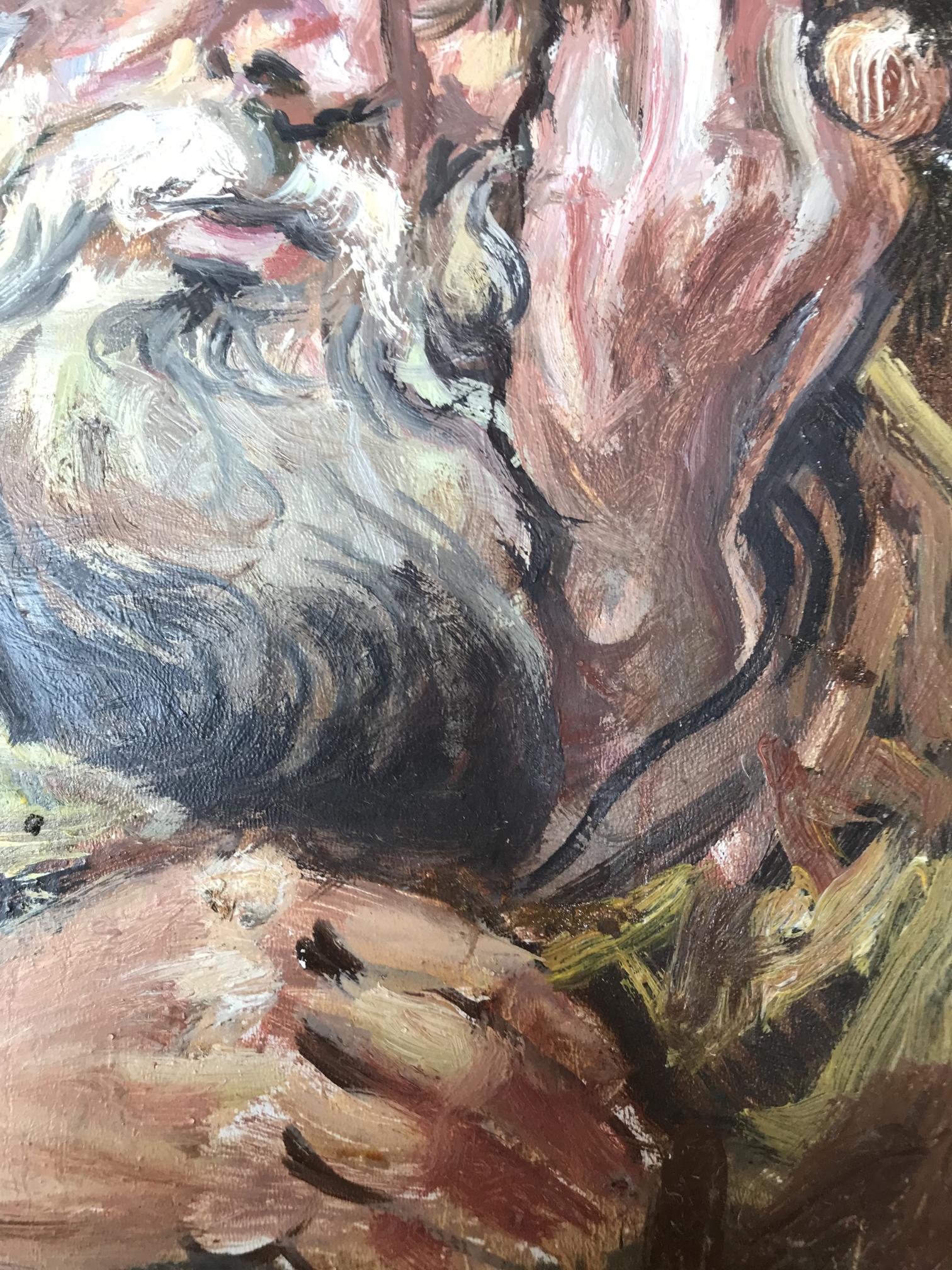 A textured, impressionistic painting of a bearded man’s face with thick brushstrokes in earthy tones and white highlights.