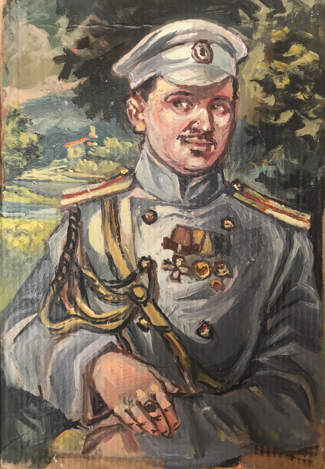 Oil painting portrait of officer Alexander Litvinov in gray uniform
