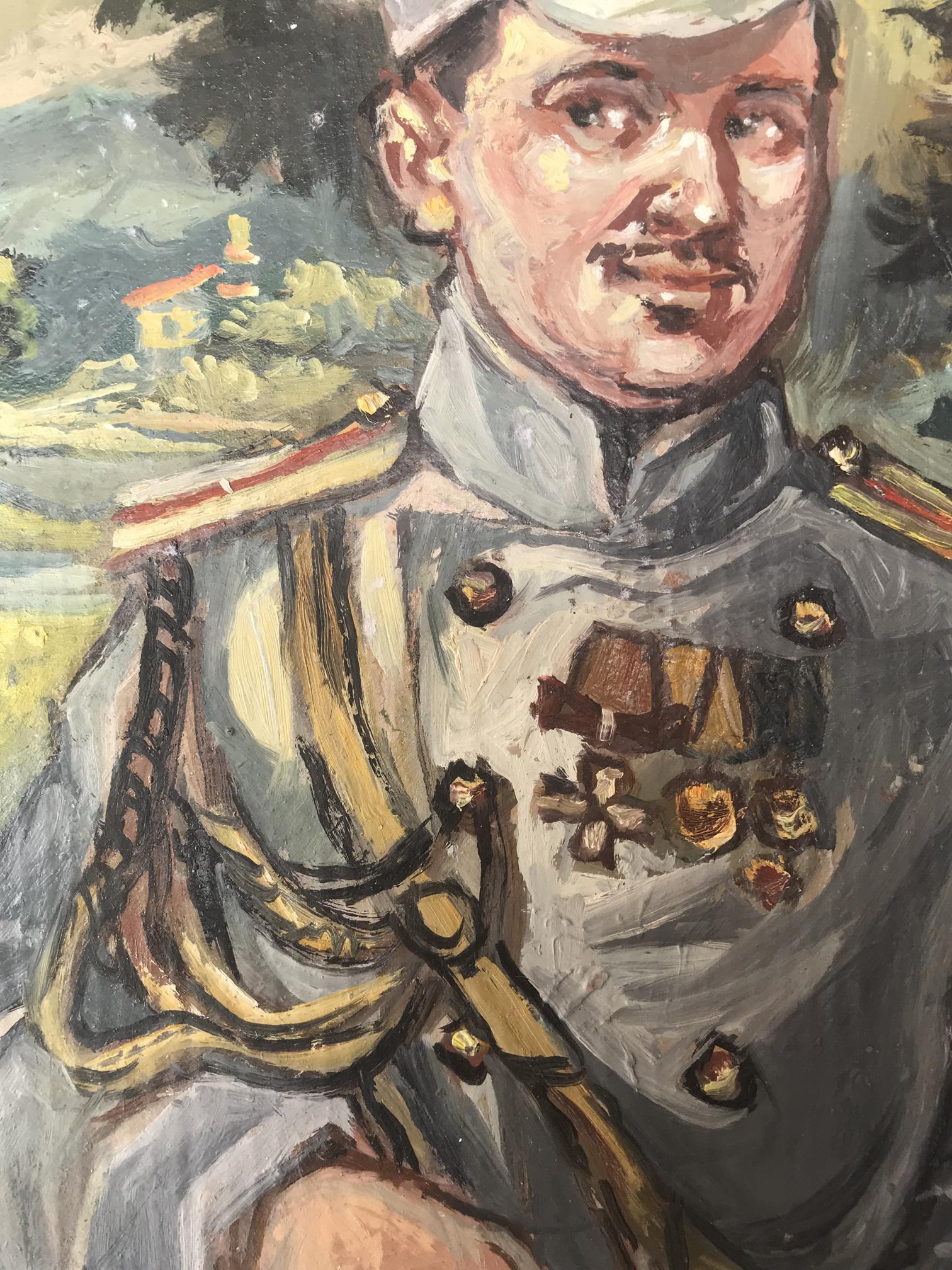 Oil painting portrait of officer Alexander Litvinov in gray uniform