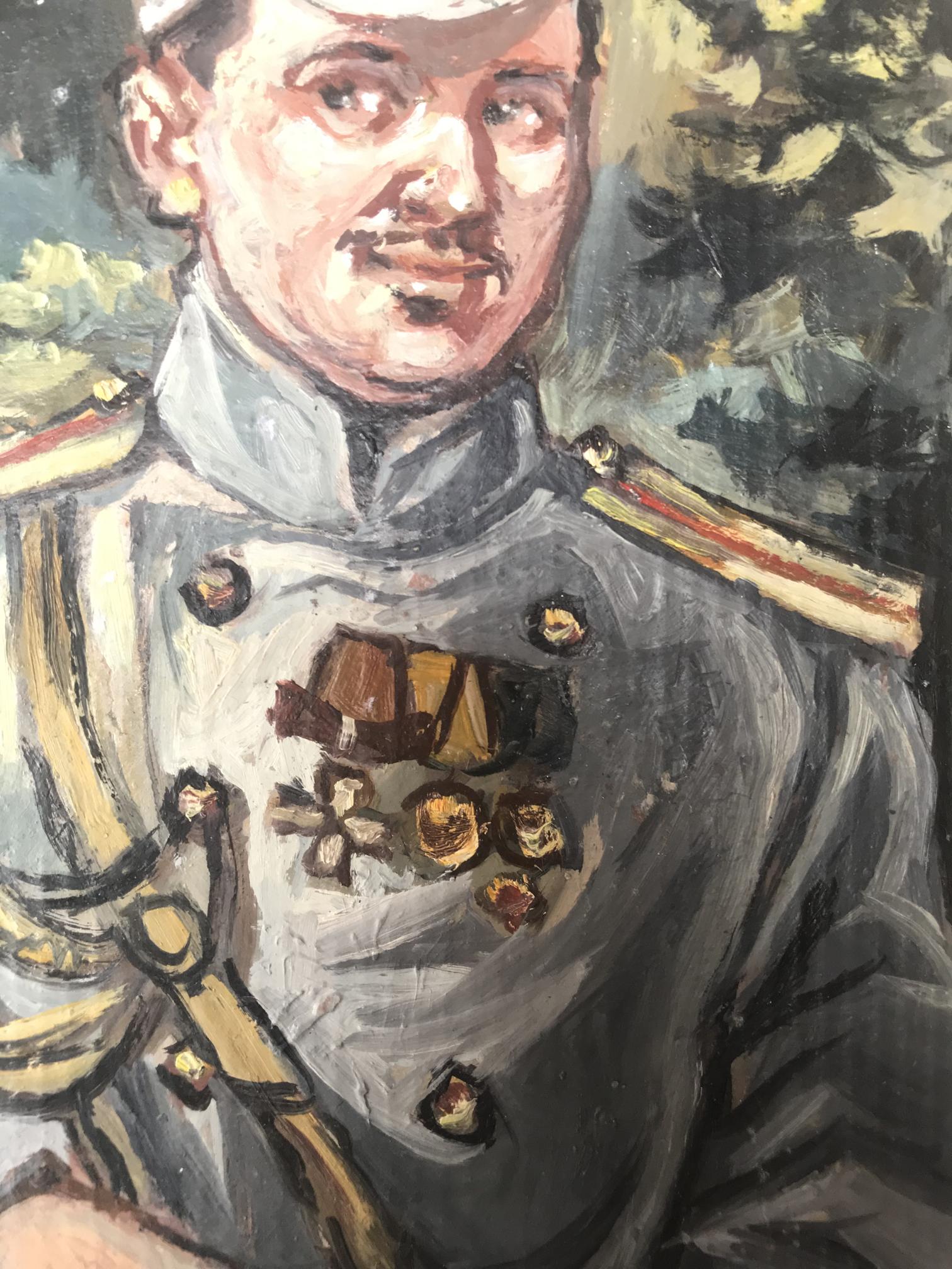 Oil painting portrait of officer Alexander Litvinov in gray uniform