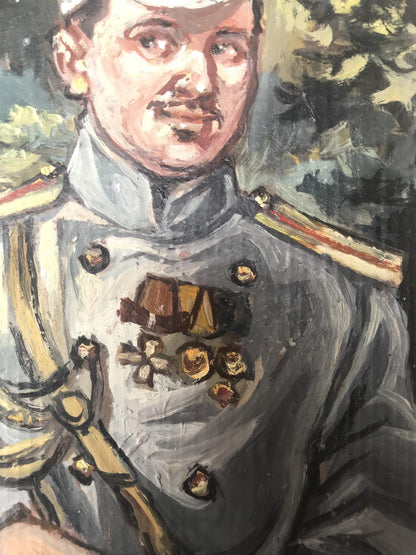Oil painting portrait of officer Alexander Litvinov in gray uniform