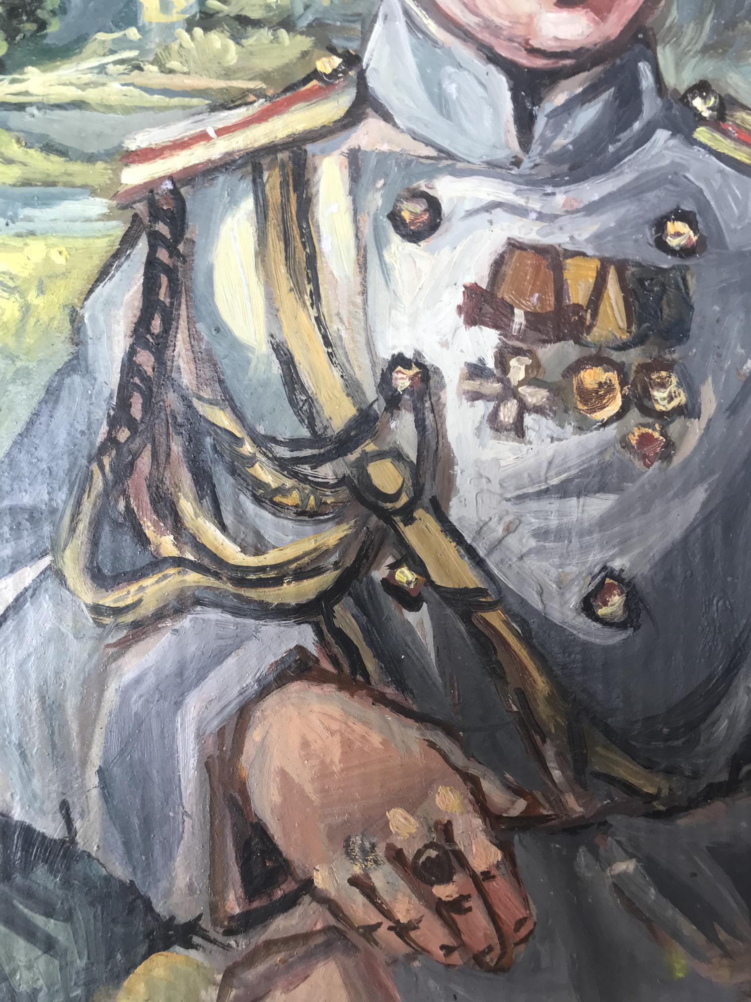 Oil painting portrait of officer Alexander Litvinov in gray uniform with gold trim and medals