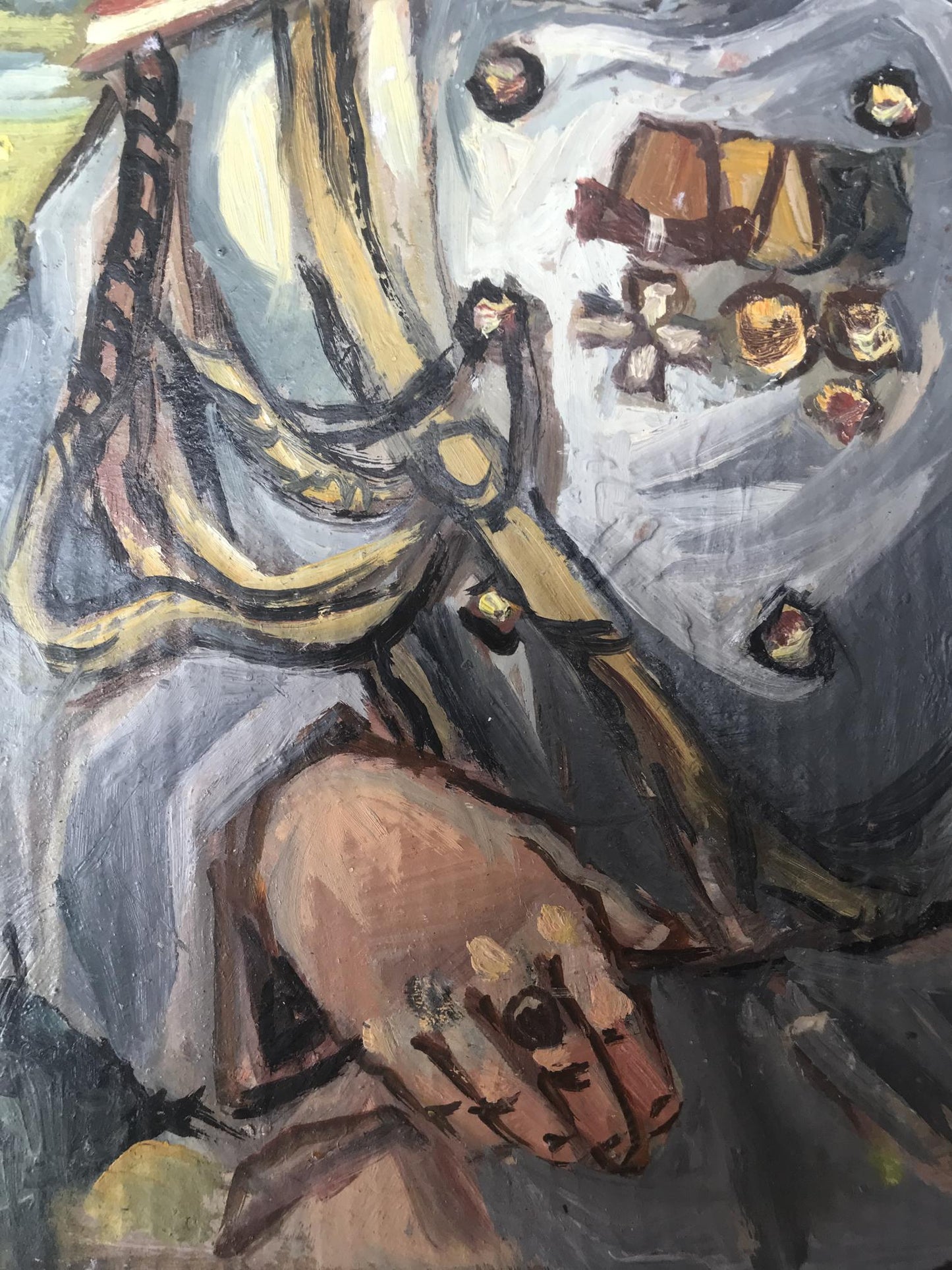 Oil painting portrait of officer Alexander Litvinov with abstract gray, yellow, black strokes and central hand on fabric