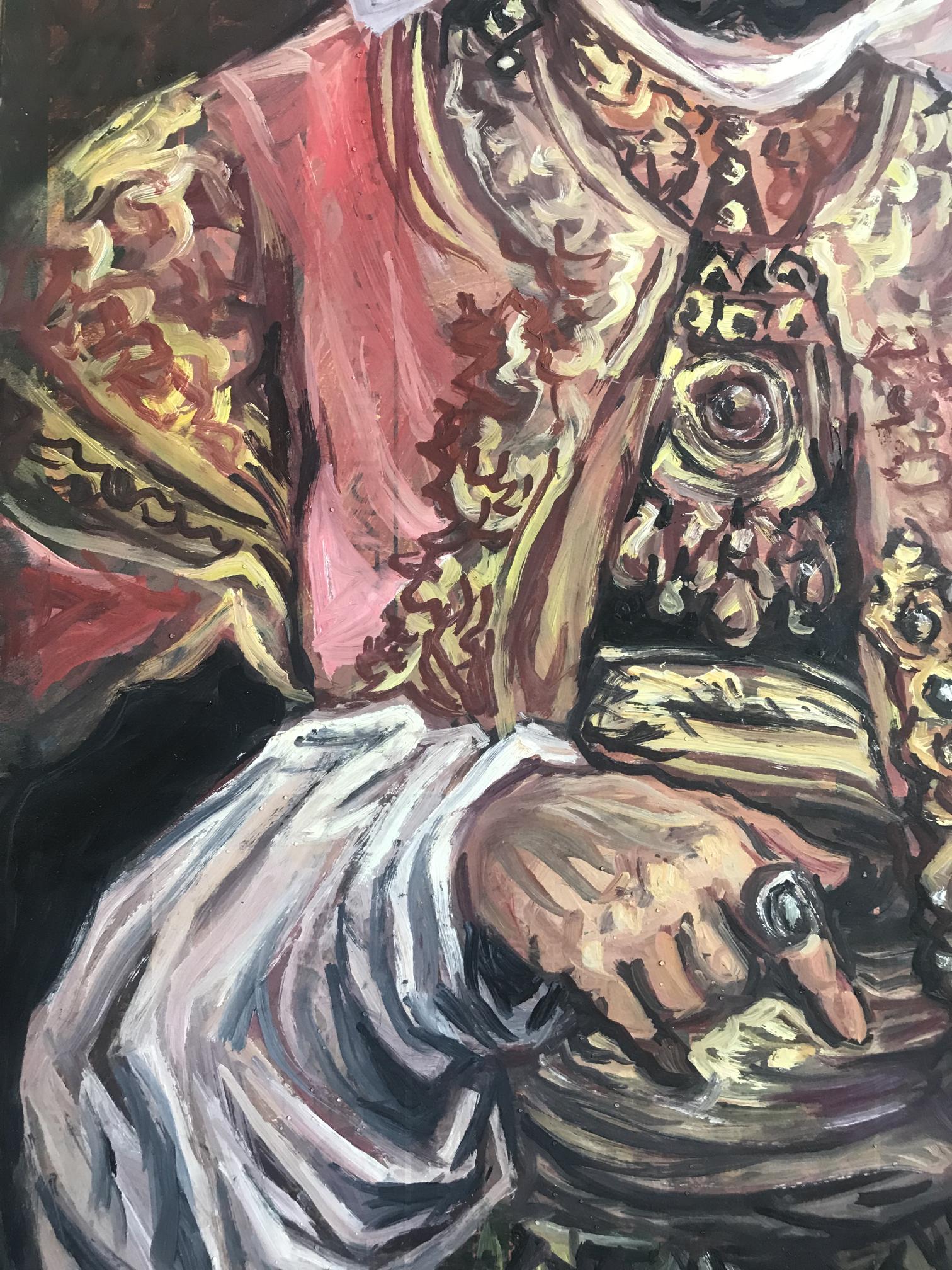 Oil painting of richly embroidered red gold bullfighting jacket by Litvinov