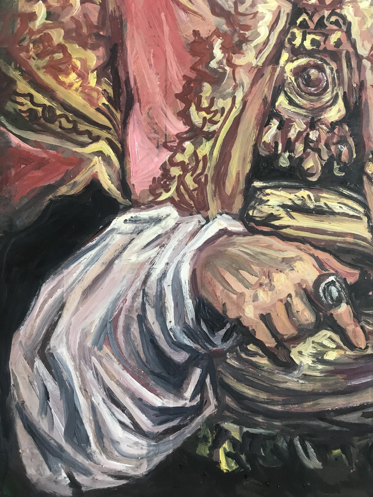 Hand with dark ring on ornate surface in Litvinov King portrait oil painting