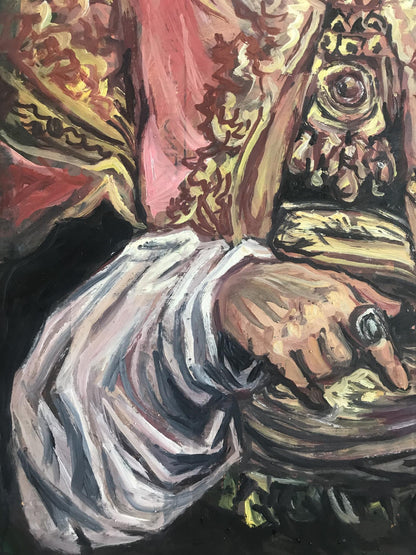 Hand with dark ring on ornate surface in Litvinov King portrait oil painting