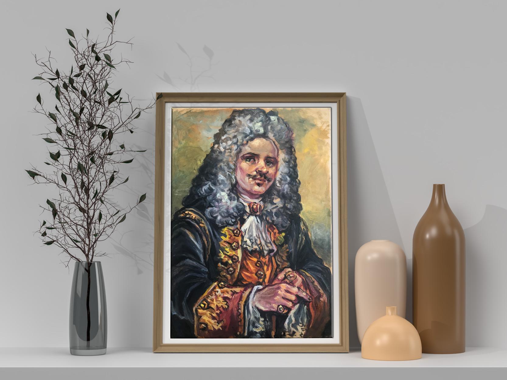 Framed oil painting portrait of French officer Alexander Arkadievich Litvinov in 17th-century ornate attire with wig and gold-embroidered coat