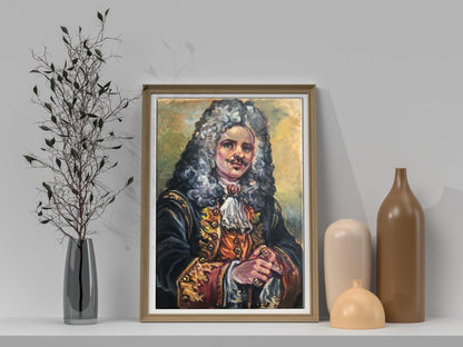 Framed oil painting portrait of French officer Alexander Arkadievich Litvinov in 17th-century ornate attire with wig and gold-embroidered coat