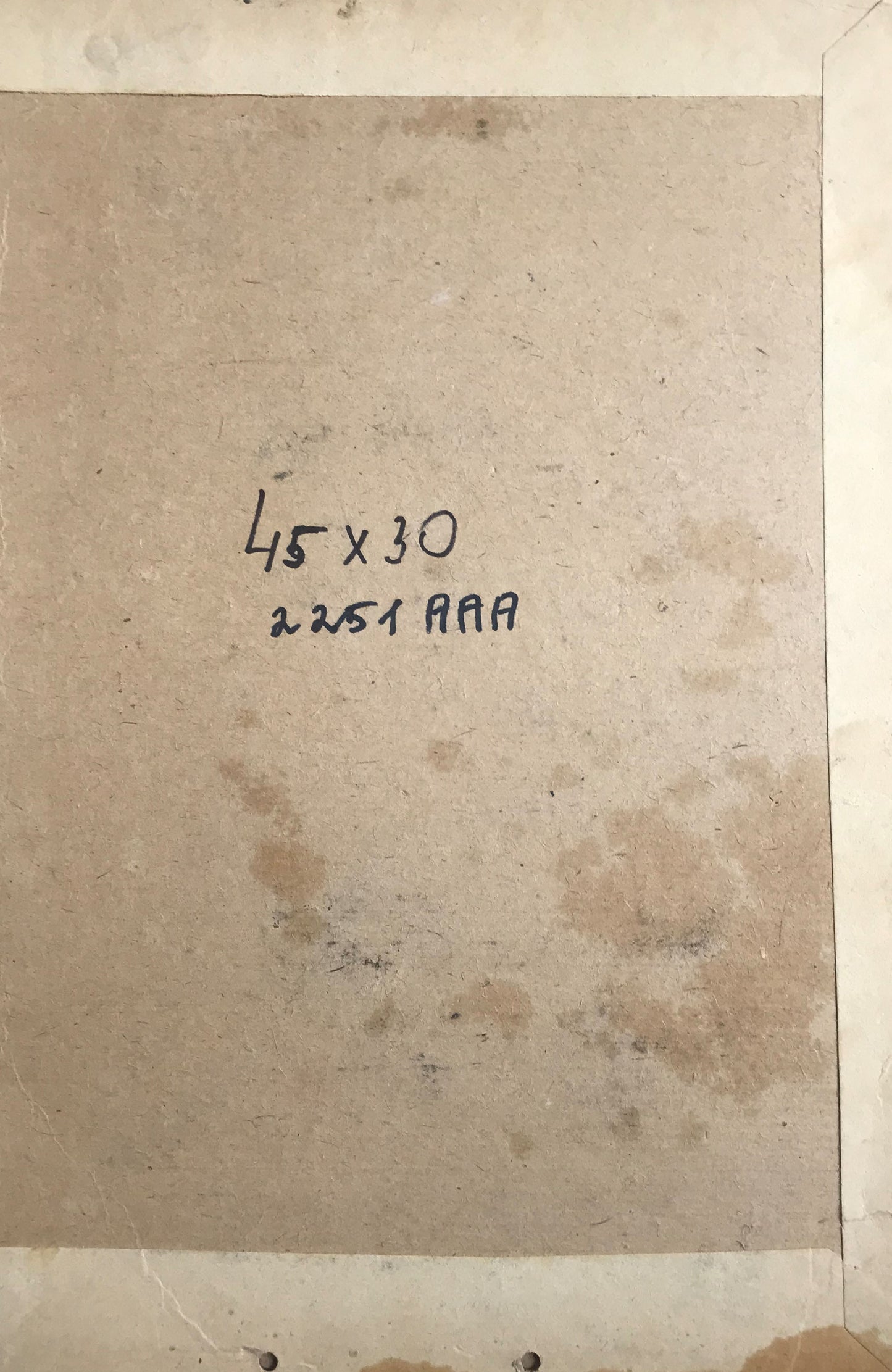 Back of beige cardboard art panel for Litvinov French officer oil painting with handwritten dimensions
