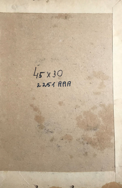 Back of beige cardboard art panel for Litvinov French officer oil painting with handwritten dimensions