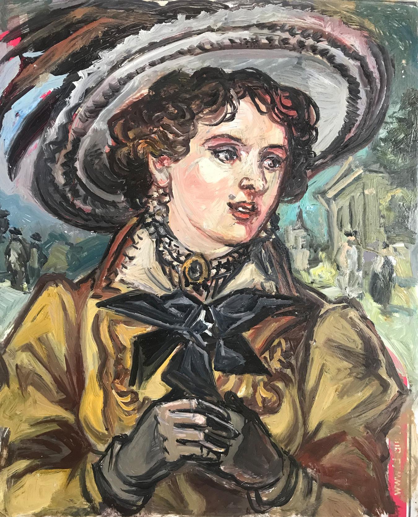 Oil painting of woman in yellow coat and hat by Litvinov