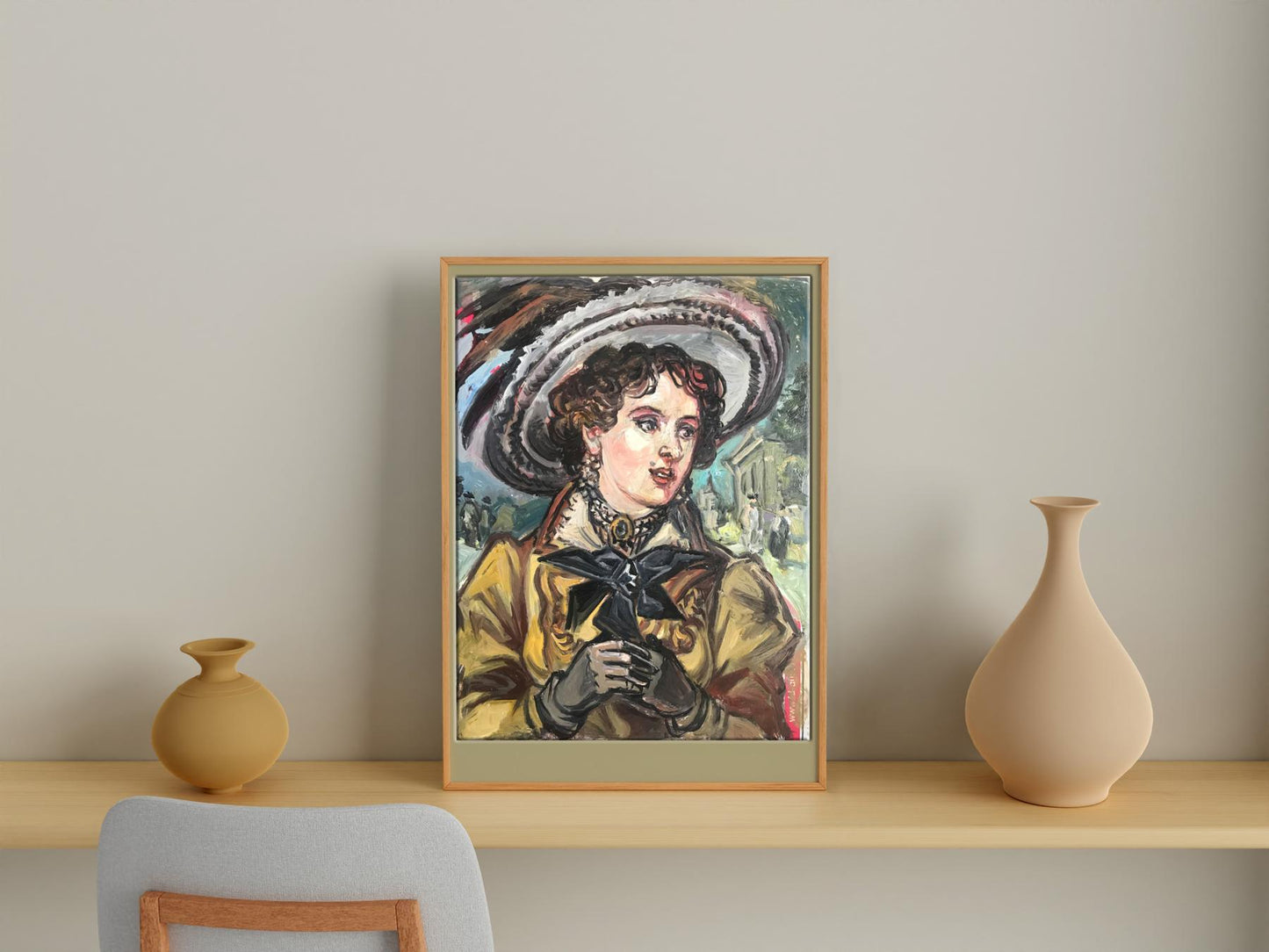 Framed oil painting of female portrait by Alexander Arkadievich Litvinov in hat and yellow coat