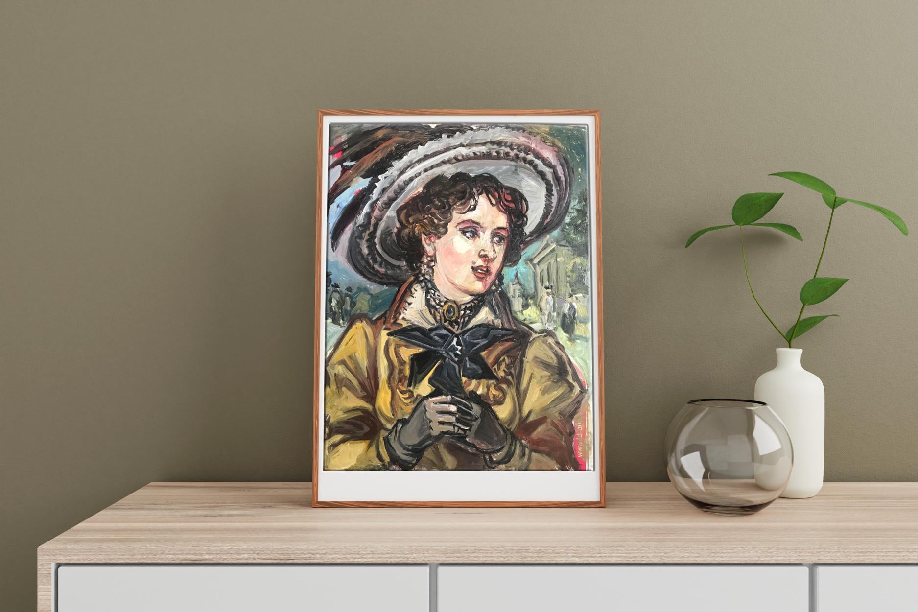 Framed oil painting of woman in yellow coat by Litvinov