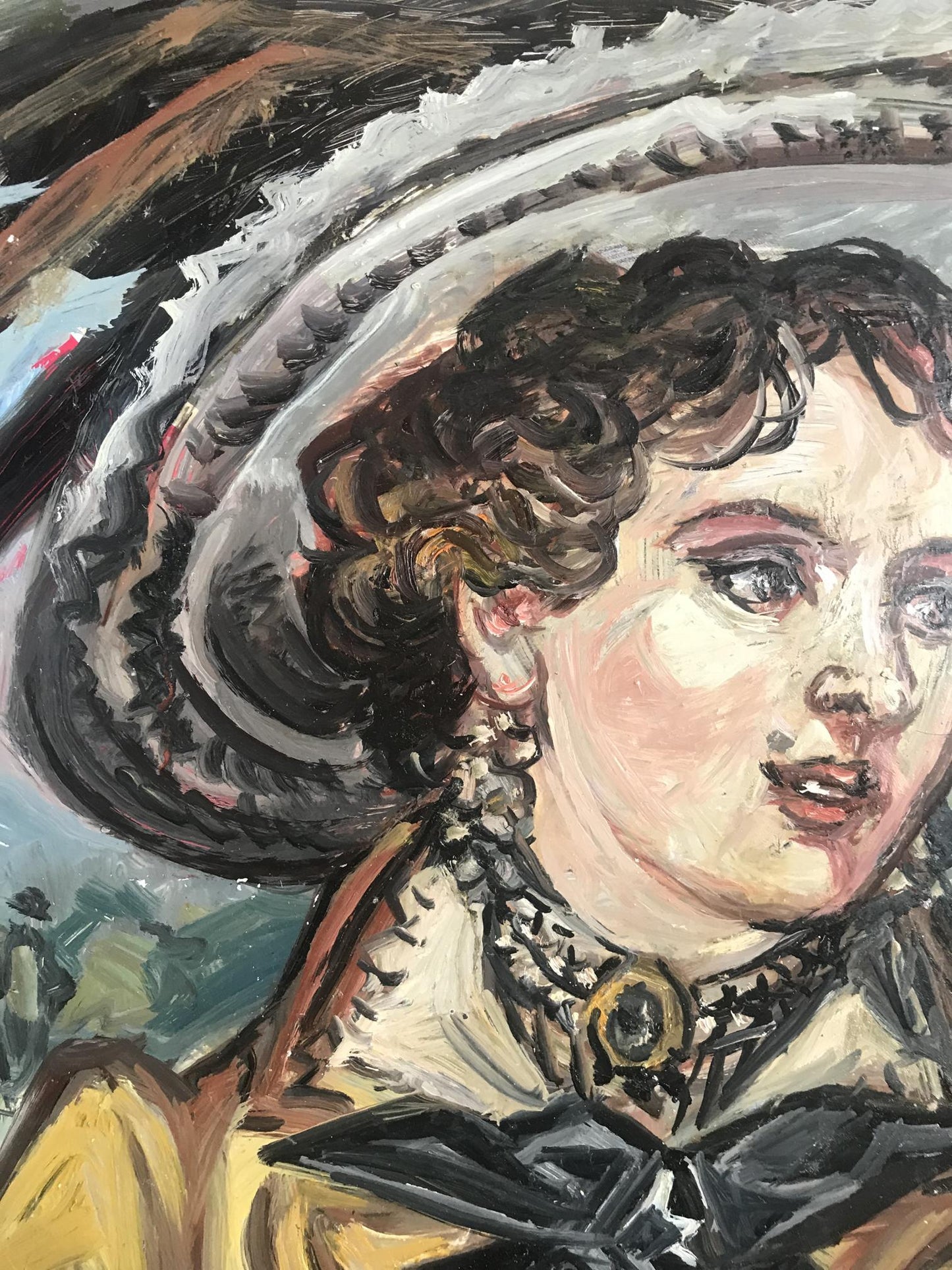 Oil painting of woman with dark curly hair in ornate collar by Litvinov