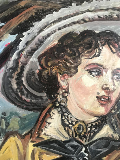 Oil painting of woman with dark curly hair in ornate collar by Litvinov